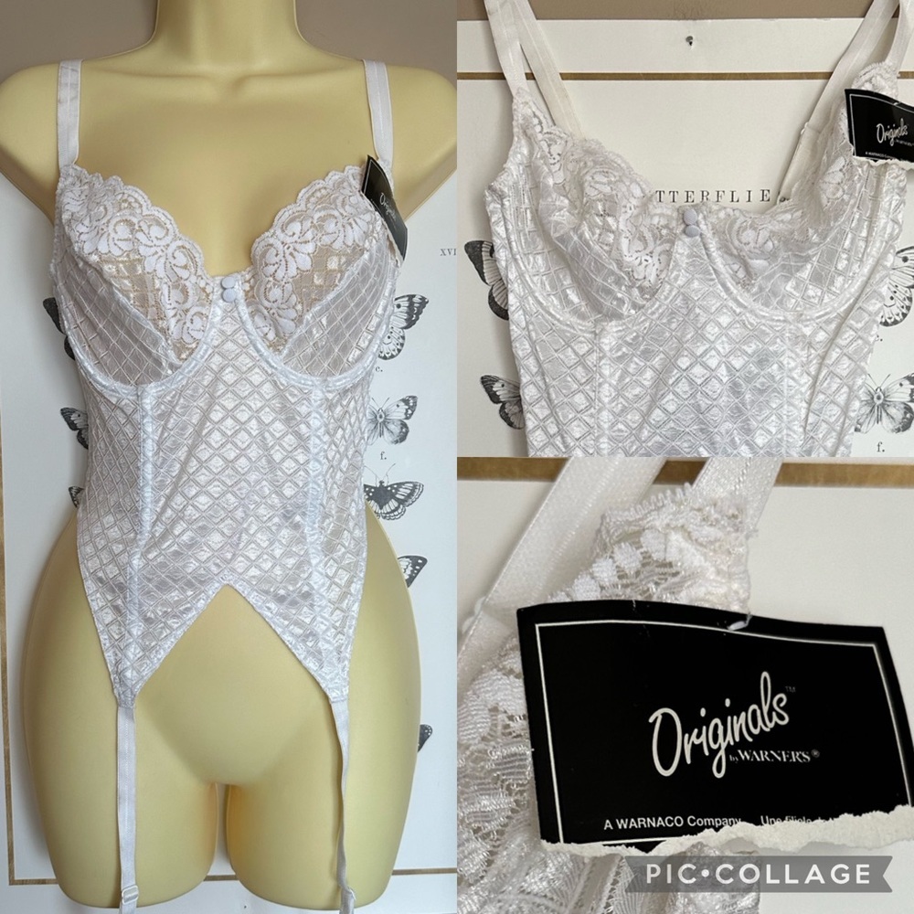 Vintage 90s Warners lingerie corset style Merry Widow Basque 36C white lace NWT